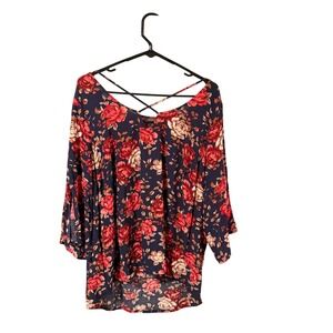 Torrid Whimsigoth Navy Blue Red Floral Lattice Strappy V-Neck Blouse Plus Size 1